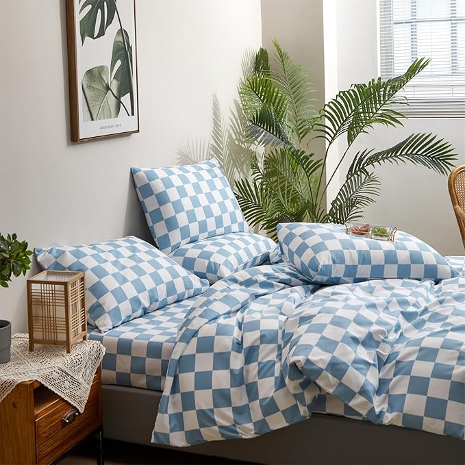 Wellboo Blue White Plaid Comforter Sets California King Women Men Light Blue and White Checkerboard Grid Bedding Comforters Cal King Cotton Dusty Blue Checkered Geometric Quilts Luxury Sky Blue Bed
