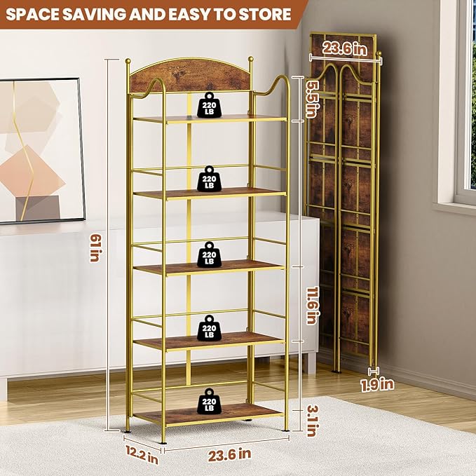 Folding Bookshelf No Assembly, 5 Shelf Gold Folding Bookcase, Industrial Tall Metal Collapsible Corner Book Shelf with Storage Shelves for Bedroom, Living Room, Home Office Organization