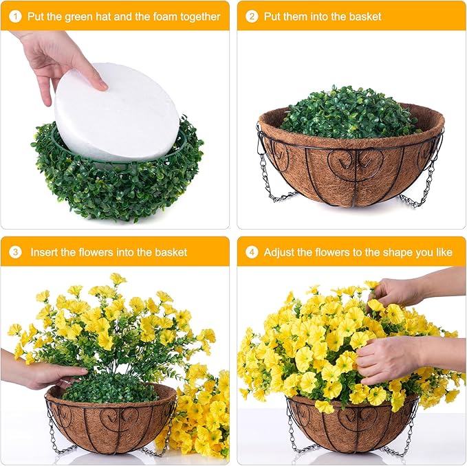 Artificial Fall Flowers Fake Hanging Plants Flowers Basket for Outdoors Autumn Decoration, Yellow Silk Morning Glory with Eucalyptus Look Real UV Resistant Faux Flowers for Outside Porch Patio Balcony