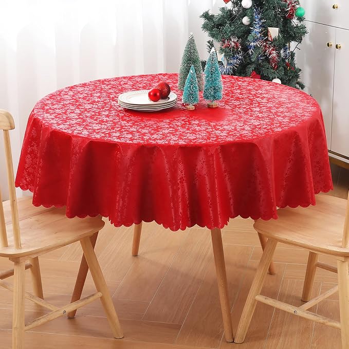 Smiry Round Waterproof Heavy Duty Vinyl Tablecloths, 70 x 70 Inch | Wipeable Washable Floral Embossed Table Cover for Kitchen and Dining Room, Indoor & Outdoor Use, Red