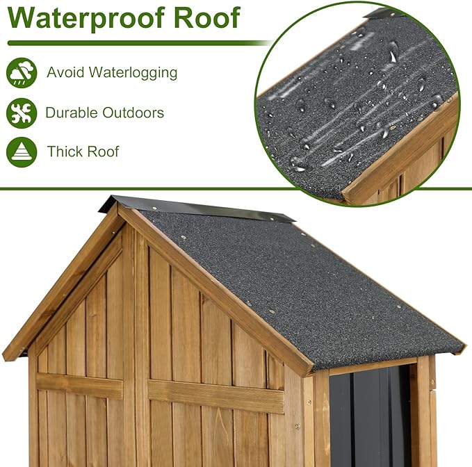 Wood & Metal Outdoor Storage Cabinet with Waterproof Roof, Garden Tool Shed with 6 T-Hinge, 4 Reinforced feet with Metal Brackets and 6 Adjustable feet, 3 Removable Shelves, 13.2X 31x 67IN