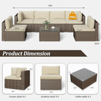SUNVIVI OUTDOOR 7 Piece Patio Sectional Sofa Outdoor All Weather Brown PE Wicker Furniture Set, Paito Conversation Sofa Set with Glass Table, Removable Beige Cushions