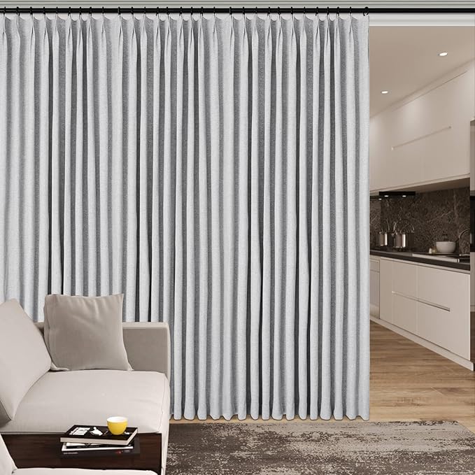 Extra Wide 100% Blackout Linen Textured Curtains - Room Dividers, W200 x L96 (1 Panel), Pinch Pleat Drapes for Living Room, Full Light Block Out Drapery for Sliding Door, Silver Grey