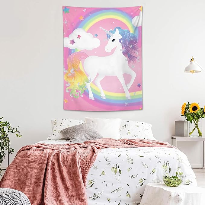 yowecso Unicorn Tapestry Rainbow Wall Hanging for Bedroom, Pink Unicorn Tapestries Aesthetic Wall Decor for Home, Dorm, Living Room - 60"x90"