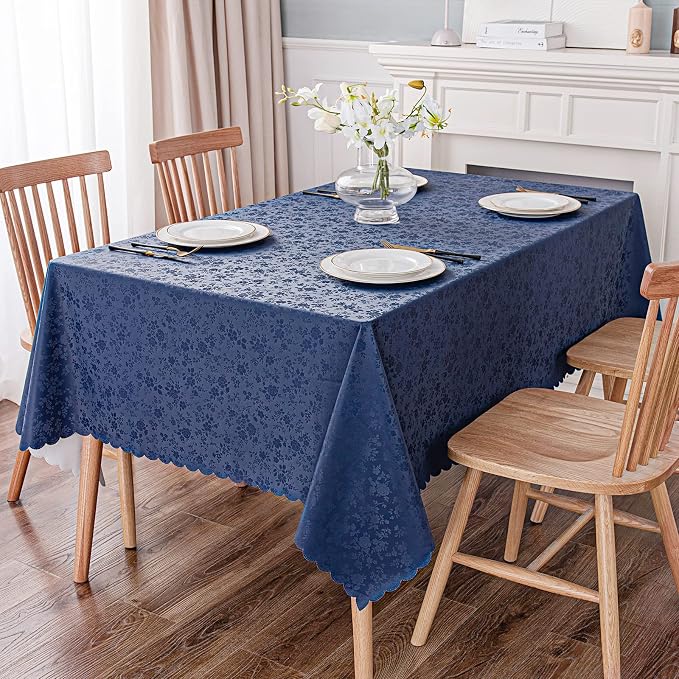 Smiry Rectangle Waterproof Heavy Duty Vinyl Tablecloths, 60 x 84 Inch | Wipeable Washable Floral Embossed Table Cover for Kitchen and Dining Room, Indoor & Outdoor Use, Navy Blue