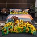 NINENINE Horse Comforter Bedding Set King for Boys Teens,Horse Walking Among Sunflowers Pattern Printed Bedding Set,Sunflower Comforter Set,Soft Microfiber Quilt Set with Matching Pillowcase#5002
