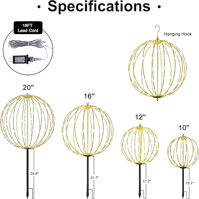 LIGHTSHARE 20IN 200LED Light Ball Yard Decoration Pathway Lights Sphere Light Fold Flat Metal Frame Indoor Outdoor Waterproof Garden Lights, Plug in