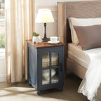 Narrow Side Table Set of 2,Farmhouse Nightstand with Charging Station,End Table with Glass Barn Door Storage, Cabinet Organizer with Adjustable Shelf, Night Stand for Small Spaces Living Room Bedroom