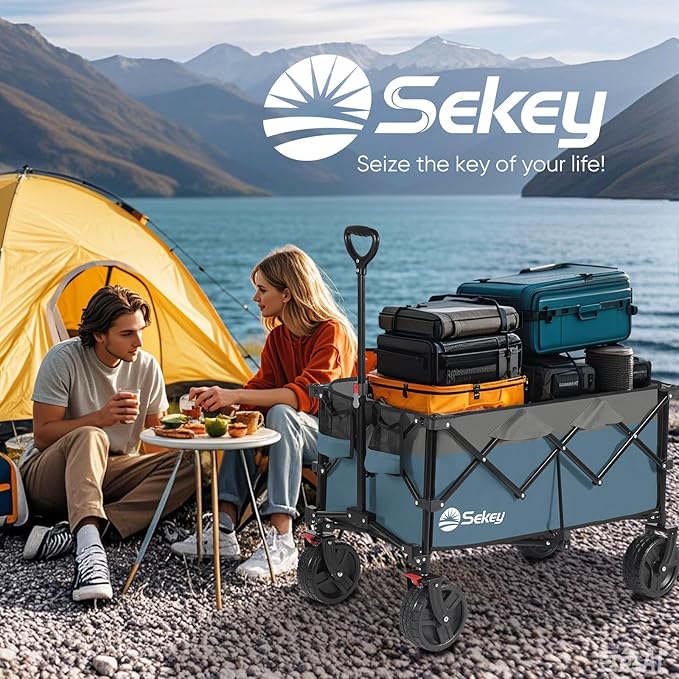 Collapsible Wagon Cart with Big All-Terrain Beach Wheels, Foldable Heavy Duty Wagons with Cup Holders, Utility Carts for Camping, Garden, Outdoor, Grocery, Sports. Blue & Gray