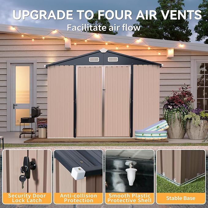 Aoxun 7x5 FT Outdoor Storage Shed with Floor Garden Metal Shed with Lockable Door Outdoor Large Shed for Tool, Garbage Can, Bike, Mower, Brown