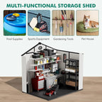 8x8 Resin Outdoor Storage Shed with Floor, Plastic Tool Shed for Gardening, Patio, and Deck, White/Gray