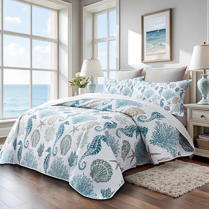 Coastal Bedding King Size Coastal Quilt with 2 Shams, Nautical Beach Comforter Sets Ocean Bedspreads Blue Seahorse Coverlet Summer Bedding, 96''x106''