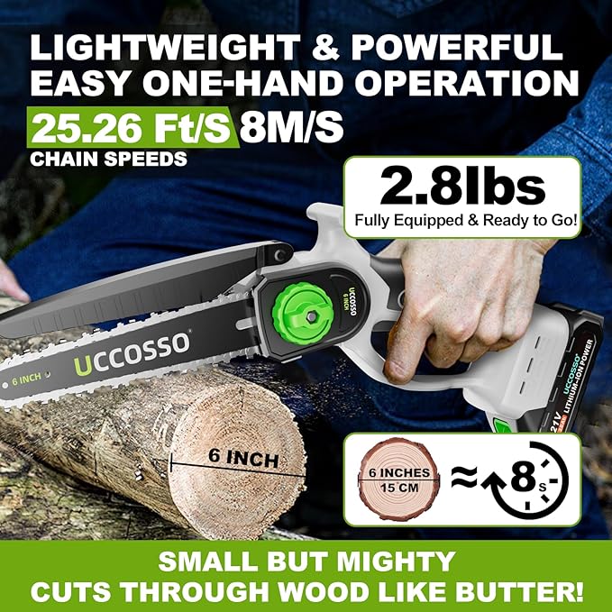 6Inch Mini Chainsaw Cordless - Electric Chainsaw with Strong Motor & 2×2.0Ah Battery, 2 Chains Included for Tree Trimming, Branches Cutting, Lightweight Handheld Chain saw for Garden/Yard Maintenance