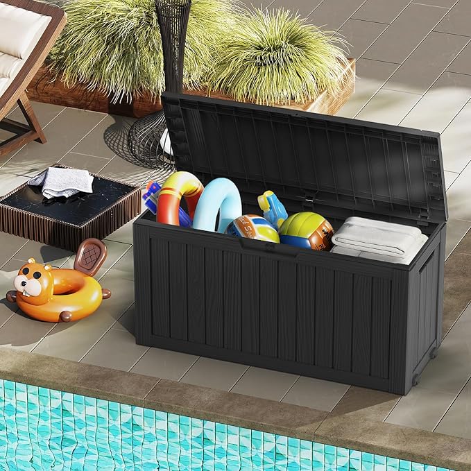 Mars Villa 72 Gallon Deck Box, Outdoor Storage Box Waterproof, Outside Resin Storage Bin for Patio Furniture Cushions, Pool Supplies, Garden Tools, UV-Resistant and Weatherproof, with 4 Wheels, Black