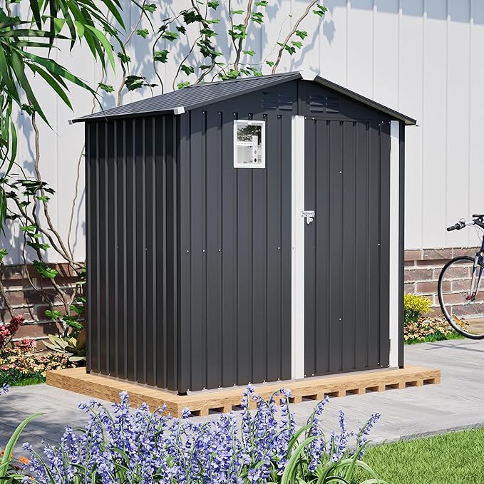6x4 FT Outdoor Storage Shed with Windows Metal Garden Sheds with Lockable Doors Waterproof Galvanized Small Tool Storage Steel Sheds with Air Vents Sloping Roof Ideal for Backyard Patio Lawn Gray