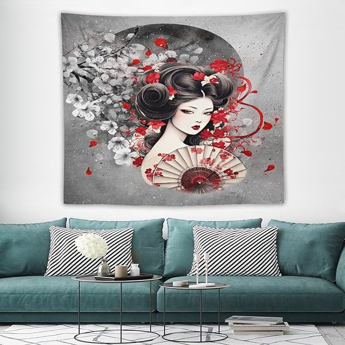 Japanese Geisha Tapestry Asian Red Cherry Blossom Red Sun Traditional Kimono Folk Tapestries Home Decor for Living Room Bedroom Apartment Farmhouse Dorm 60"x50"