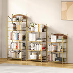 Folding Bookshelf No Assembly, 5 Shelf Gold Folding Bookcase, Industrial Tall Metal Collapsible Corner Book Shelf with Storage Shelves for Bedroom, Living Room, Home Office Organization