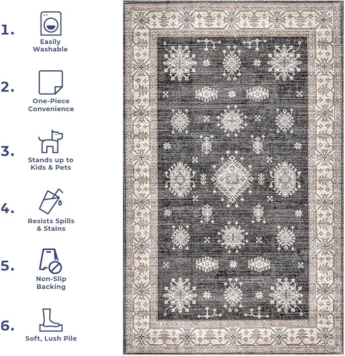 nuLOOM Mollie Machine Washable Traditional Border Ultra Thin Runner Rug, 2' 6" x 6', Charcoal