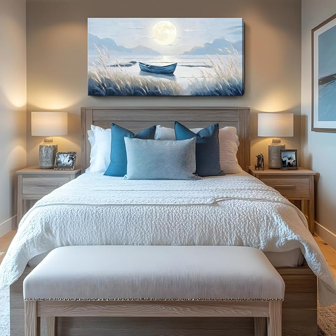Oversized Large Living Room Wall Art, Blue Wall Decor for Bedroom, Modern Nautical Ocean Beach Seascape Nature Picture Sailboat Moon Lake Mountain Canvas Print Relaxing Serene Coastal Rustic Artwork