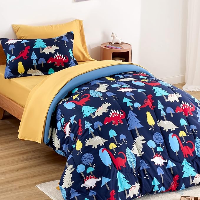 SLEEP ZONE Kids Bedding Comforter Set Full/Queen Size - Super Cute & Soft Kids Bedding 7 Pieces Set with Comforter, Sheet, Pillowcase & Sham (Dinosaur Land)