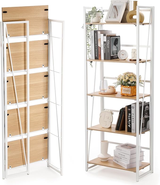 No-Assembly Folding Bookshelf Storage Shelves 5 Tiers Foldable Vintage Multifunctional Plant Flower Stand Storage Rack Shelves Bookcase for Home Office, White