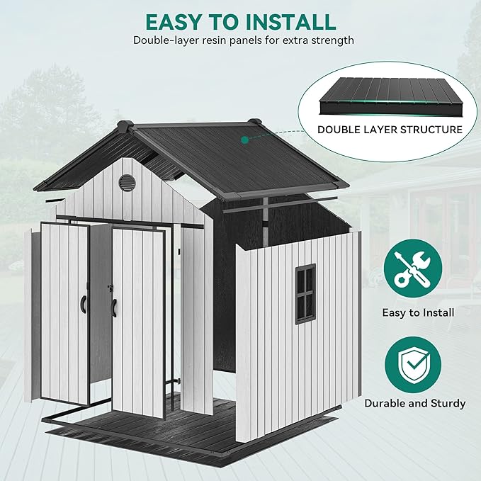 YITAHOME 8 x 8 ft Outdoor Plastic Storage Shed with Floor, Waterproof Garden Shed with Lockable Door, Windows & Vents, Plastic Tool Storage for Patio Furniture, Lawn Mower, Bike Storage