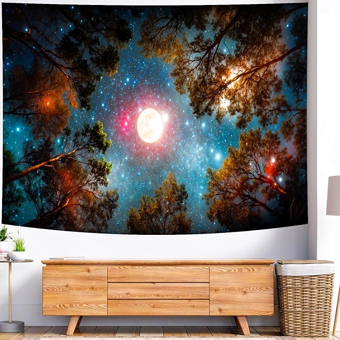 Delur Forest Tapestry Galaxy Moon Stars Night Space Starry Sky Wall Hanging Tapestry Aesthetic Tree Nature Landscape Psychedelic Headboard for Bedroom Living Room Home Decor (51.2" x 59.1")