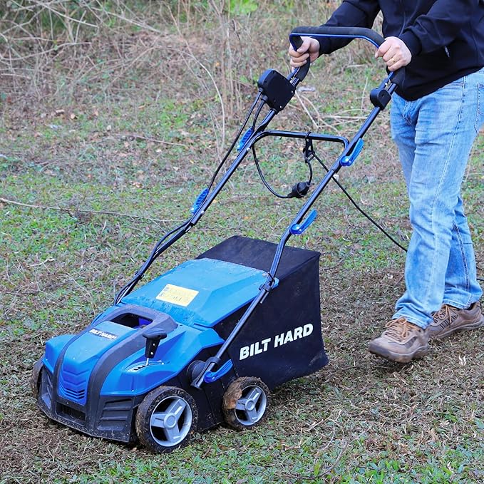 BILT HARD 16 Inch Dethatcher Scarifier Electric Powered, 15 Amp Copper Motor, 5-Position Depth Adjustment, 14.5 gal Thatch Bag, 2 in 1 Walk Behind Thatch Removing Machine for Lawn