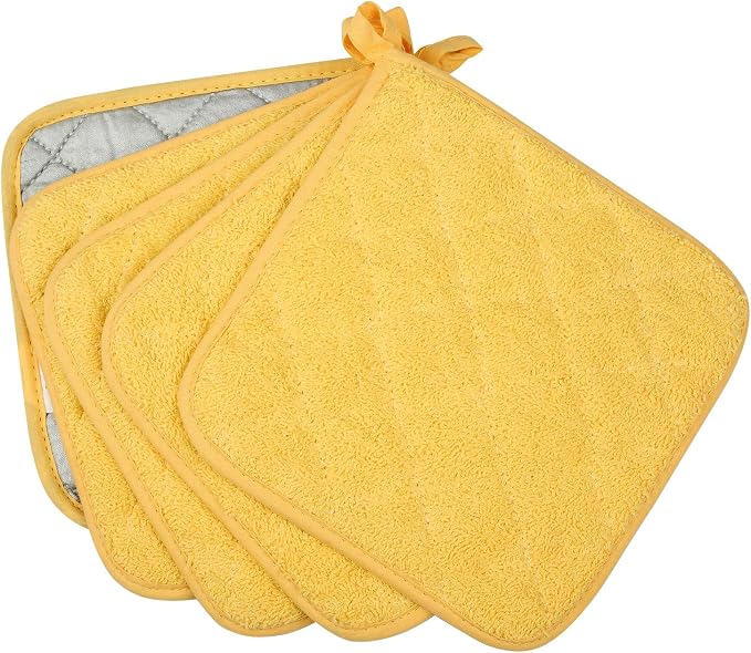 100% Cotton Kitchen Everyday Basic Terry Pot Holder Heat Resistant Coaster Potholder for Cooking and Baking Set of 5 Yellow