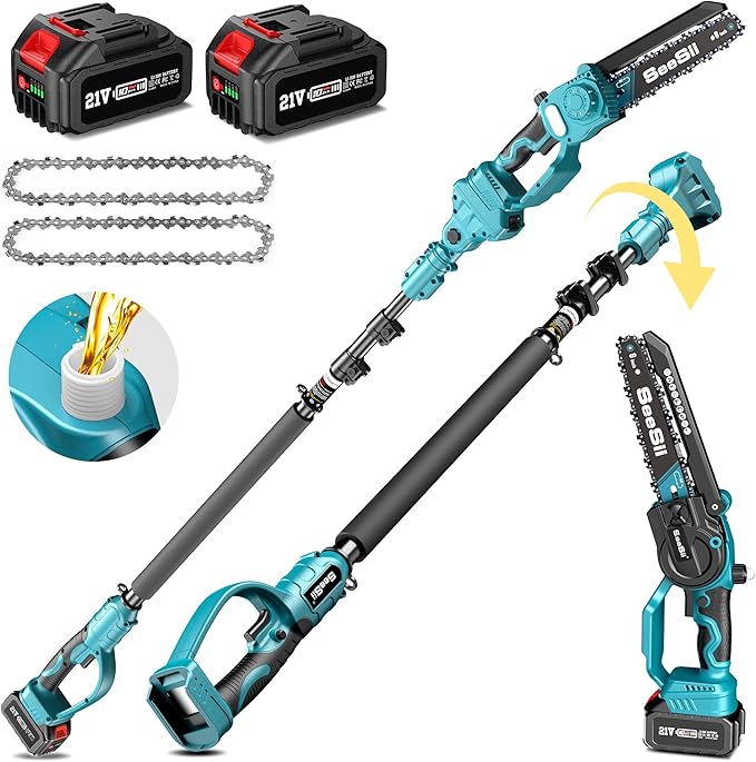 Seesii 2 in 1 Cordless 8 inch Pole Saw & Mini Chainsaw with 2 Battery, Power Electric Polesaw for Tree Trimming, Chain Saw with Extension Pole, Limb Branch Cutter Pruner PS800
