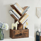 4 Tier Tree Bookshelf with Drawer, Small Tree Bookcase, Table Top Book Shelf Organizer Shelves for Living Room, Bedroom, Home Office, Rustic Brown