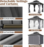 10 x10FT Wood Gazebo,Outdoor Wooden Hardtop Gazebo with Galvanized Steel Doule Roof,Cedar Wood Frame Gazebos with Netting &Curtainfor Patio Backyard Deck