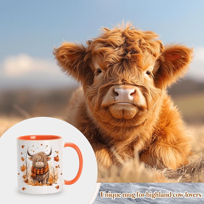 Hyturtle Fall Highland Cow Maple Leaves Coffee Mug Gifts For Cow Lovers | Fall Autumn Decor, Thanksgiving Gift, Premium 11oz White Ceramic Mug, Print on Both Sides, Perfect for Hot or Cold Coffee Tea