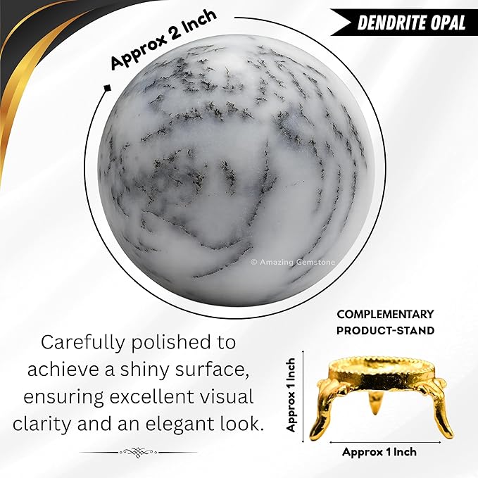Amazing Gemstone Dendrite Opal Crystal Ball with Stand - 2 Inches Crystal Sphere Meditation Balls for Witchcraft and Decorative Balls