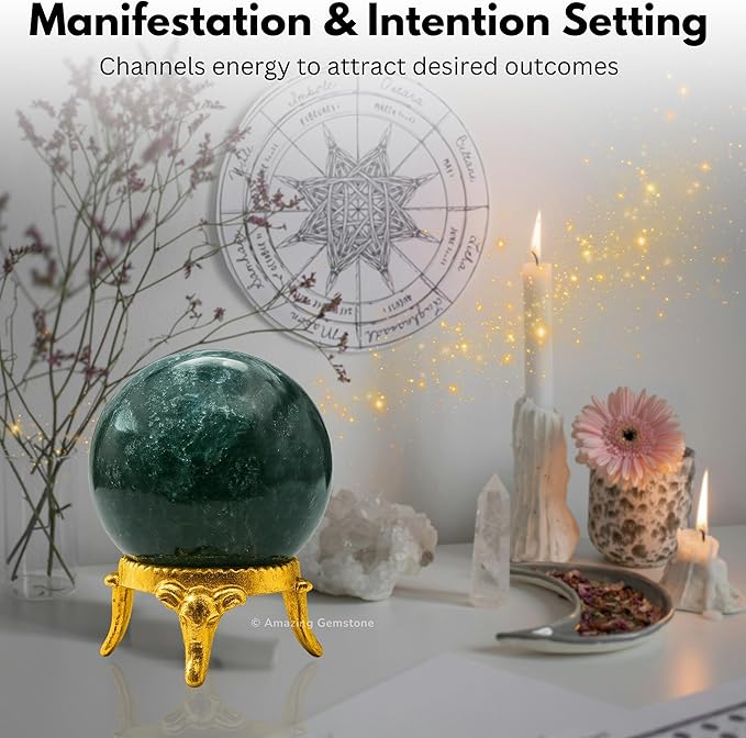 Amazing Gemstone Moss Agate Crystal Ball with Stand - 2" Inches Crystal Sphere Meditation Balls for Witchcraft and Decorative Balls