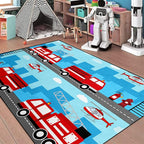 Car Rug Play Mat Car Rug Play Mat Car Rug for Boys Room Fire Fighting Truck Red Car Printed Rug Play Rug for Cars and Trucks Play Rugs for Kids Rooms,Light Blue 5'×7'