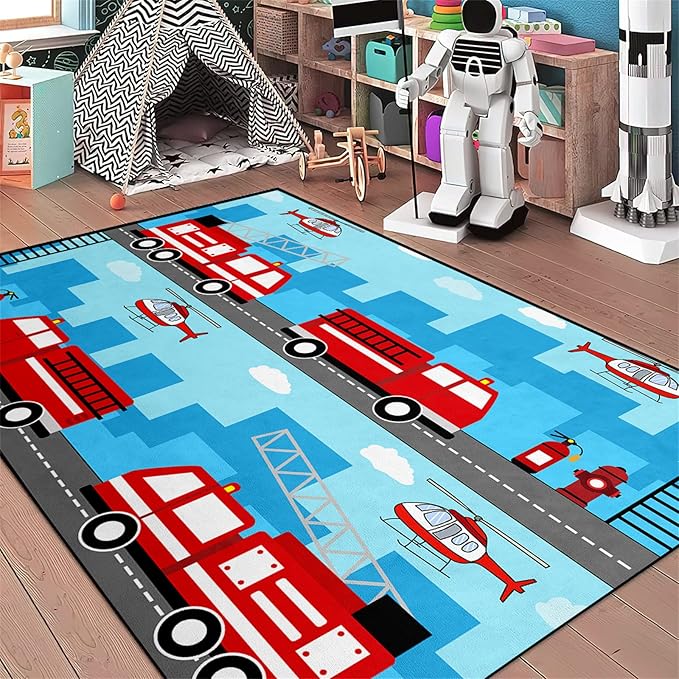Car Rug Play Mat Car Rug Play Mat Car Rug for Boys Room Fire Fighting Truck Red Car Printed Rug Play Rug for Cars and Trucks Play Rugs for Kids Rooms,Light Blue 5'×7'