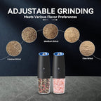 UNNEES Rechargeable Electric Salt and Pepper Grinder set of 2, gravity electric salt and pepper grinder set, Adjustable Roughness, LED Light, 2 Pack, (Black)