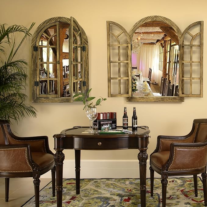 Window Mirrors for Wall Decor -Arched Wall Mirror Farmhouse Wall Decor Wood Frame Decorative Wall Mirrors Like Window for Bedroom, Living Room, Entrance, Dining Room