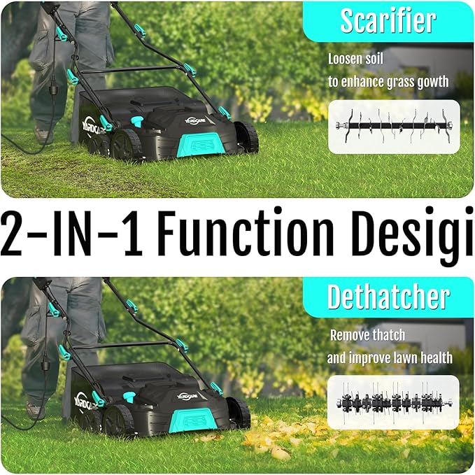 15Amp Lawn Dethatcher with 5-Position Depth Adjustment, 16-Inch 2-in-1 Dethatcher & Scarifier, 12-Gallon Collection Bag, Foldable Design for Easy Storage, Ideal for Lawn Care