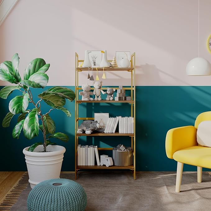 No-Assembly Folding Gold Bookshelf Storage Shelves 4 Tiers Vintage Multifunctional Plant Flower Stand Storage Rack Shelves Bookcase for Home Office