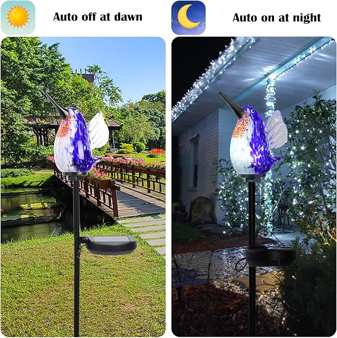 Afirst Decorative Solar Lights Outdoor Solar Hummingbird Stake Lights Hand Blown Glass Decorative Garden Pathway Light Outdoor Waterproof Glass Stakes Blue