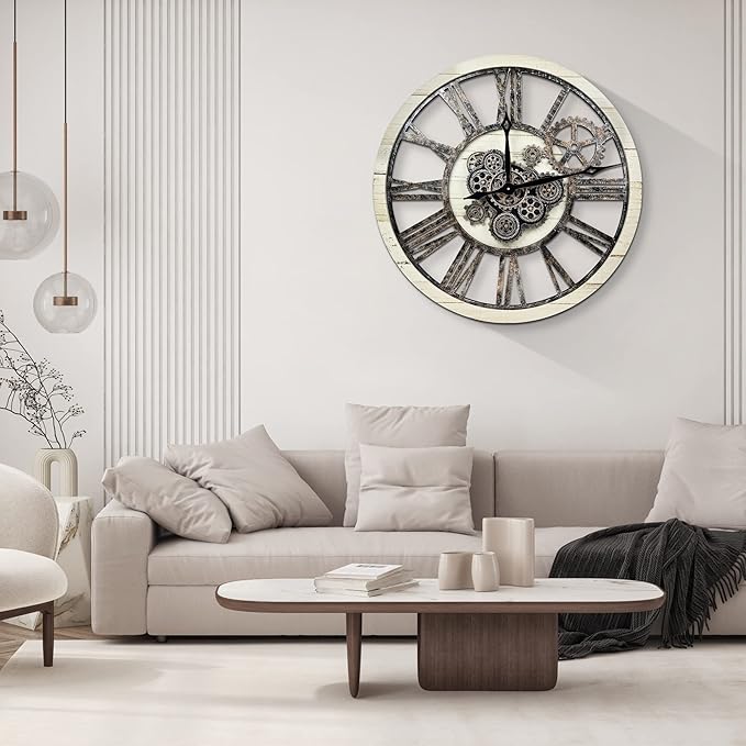 HOIBAI Large Wall Clock, Wall Clocks for Living Room Decor 30 Inch Farmhouse Vintage Rustic Kitchen Wall Decor Vintage Roman Oversized Wall Clock for Home Bedroom House, Moving Gears Clock