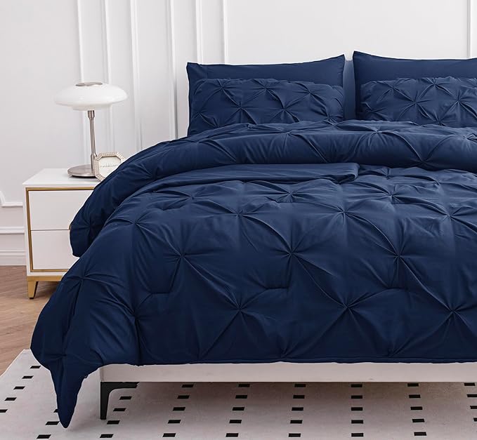 Lane Linen Bedding Comforter Set Full Size, 7 Piece Full Size Bed in a Bag Set, Soft Bedding Sets Full Size, Pintuck Full Bed Set, Full Size Comforter Sets with Sheets, Pillowcases & Shams - Navy Blue