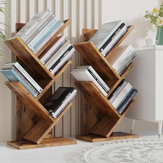 YMYNY 4 Tier Tree Bookshelf, Small Bookcase, Modern Wood Book Storage Rack, Freestanding Book shelf for Books/Movies/CDs, Narrow Display Rack for Living Room, Home Office, Rustic Brown UHBC014H