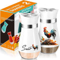 Arrozon Rooster Salt and Pepper Shakers - 4 oz Glass Set, Steel Lids | Rooster Design with Glass Bottoms and Stainless Steel Lids Adds Farmhouse Charm to Kitchen Counters and Makes Refilling Easy.