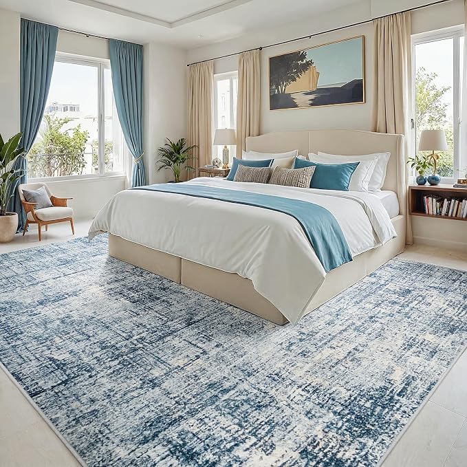 10x14 Washable Area Rug for Living Room Bedroom: Non-Slip Modern Blue Gold | Machine Washable TPR Backing, Stain-Resistant Low Pile, Pet & Kid Friendly, Abstract Decor for Dining Room, Dorm, Home Office
