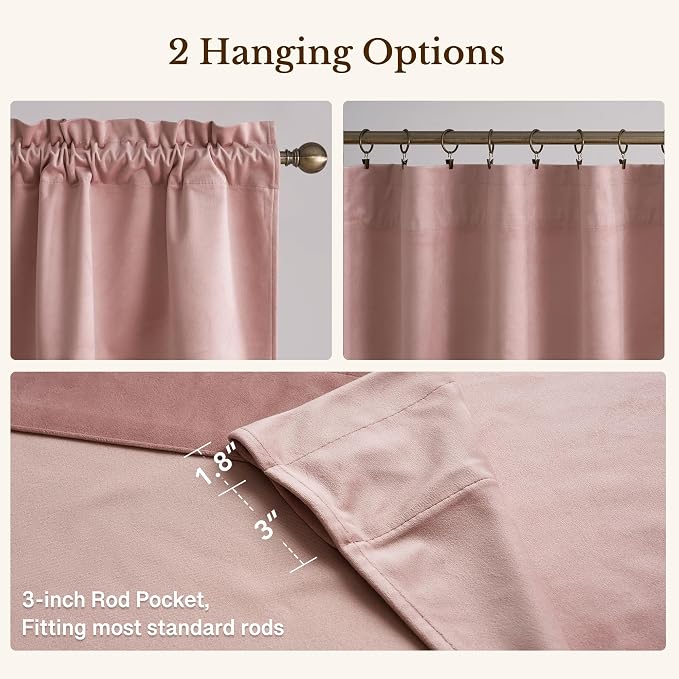 Dusty Rose Valance for Windows 52x18 Inch 1 Panel | Spring Decor, Elegant Wavy Mauve Kitchen Curtains, Soft Decorative Velvet Window Treatment for Girls Room, Bedroom, Bathroom