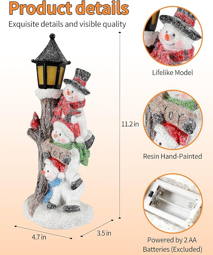 iStatue Lighted Stacked Snowman Tabletop Decor Figurine with Lamppost Lantern - 11.2'' Resin Cardinal Christmas Decorations Indoor - Unique Xmas Gift Idea (Joy Trio)