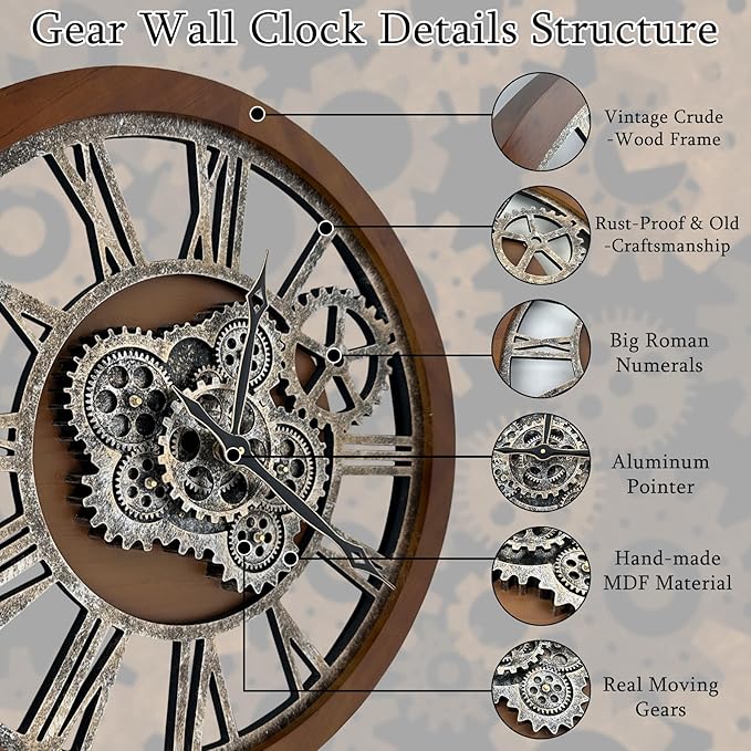HOIBAI Large Wall Clock, Wall Clocks for Living Room Decor 36 Inch Farmhouse Vintage Rustic Kitchen Wall Decor Vintage Roman Oversized Wall Clock for Home Bedroom House Office, Moving Gears Clock